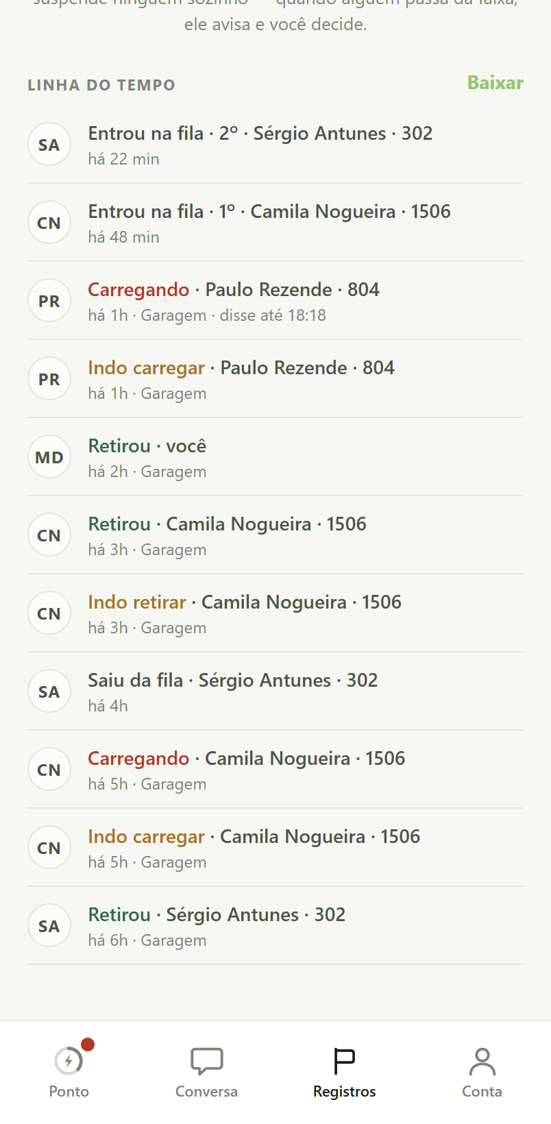 Tela de registros: a linha do tempo do ponto, com cada entrada, saída e horário declarado.